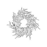 A line drawn wild Christmas wreath in black and white. Hand drawn on Procreate using an Apple Pencil, featuring berries and fur tree elements. vector