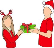 Two children in Christmas costumes exchanging gifts vector