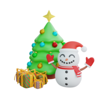 3D illustration of Christmas Tree and Snowman with Gifts. Christmas decoration design png