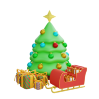 3D illustration of Christmas Tree with Gifts and Sleigh. Christmas decoration design png