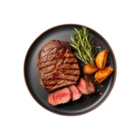 AI generated top view beef steak in a plate isolated on a transparent background, PNG