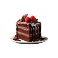 AI generated sliced sweet and tasty chocolate cake on a plate  isolated on a transparent background, cut out, PNG