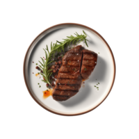 AI generated top view beef steak in a plate isolated on a transparent background, PNG