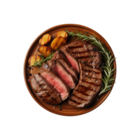 AI generated top view beef steak in a plate isolated on a transparent background, PNG