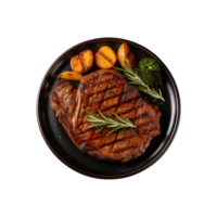 AI generated top view beef steak in a plate isolated on a transparent background, PNG