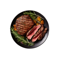 AI generated top view beef steak in a plate isolated on a transparent background, PNG