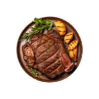 AI generated top view beef steak in a plate isolated on a transparent background, PNG