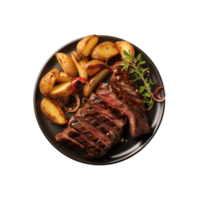 AI generated top view beef steak in a plate isolated on a transparent background, PNG