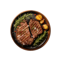 AI generated top view beef steak in a plate isolated on a transparent background, PNG