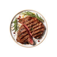 AI generated top view beef steak in a plate isolated on a transparent background, PNG