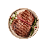 AI generated top view beef steak in a plate isolated on a transparent background, PNG