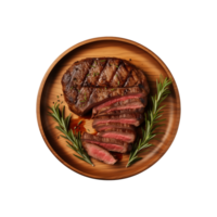 AI generated top view beef steak in a plate isolated on a transparent background, PNG