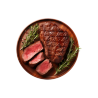 AI generated top view beef steak in a plate isolated on a transparent background, PNG