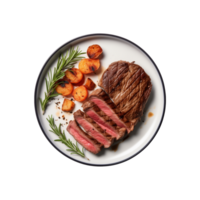 AI generated top view beef steak in a plate isolated on a transparent background, PNG