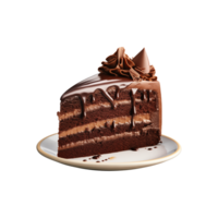 AI generated sliced sweet and tasty chocolate cake on a plate  isolated on a transparent background, cut out, PNG