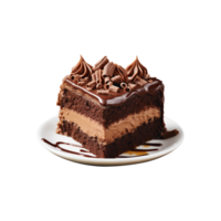 AI generated sliced sweet and tasty chocolate cake on a plate  isolated on a transparent background, cut out, PNG