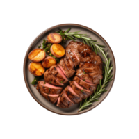 AI generated top view beef steak in a plate isolated on a transparent background, PNG