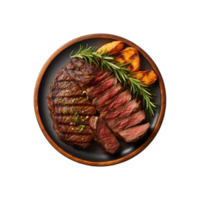 AI generated top view beef steak in a plate isolated on a transparent background, PNG