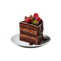 AI generated sliced sweet and tasty chocolate cake on a plate  isolated on a transparent background, cut out, PNG