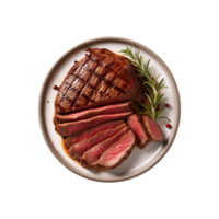 AI generated top view beef steak in a plate isolated on a transparent background, PNG