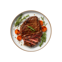 AI generated top view beef steak in a plate isolated on a transparent background, PNG