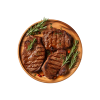 AI generated top view beef steak in a plate isolated on a transparent background, PNG