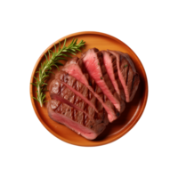 AI generated top view beef steak in a plate isolated on a transparent background, PNG