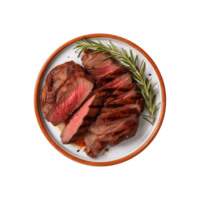 AI generated top view beef steak in a plate isolated on a transparent background, PNG