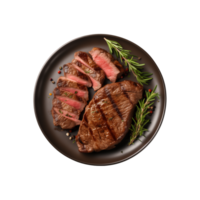 AI generated top view beef steak in a plate isolated on a transparent background, PNG
