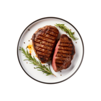 AI generated top view beef steak in a plate isolated on a transparent background, PNG