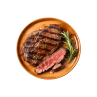 AI generated top view beef steak in a plate isolated on a transparent background, PNG