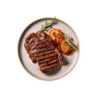 ai généré Haut vue du boeuf steak dans une assiette isolé sur une transparent arrière-plan, png