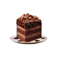 AI generated sliced sweet and tasty chocolate cake on a plate  isolated on a transparent background, cut out, PNG