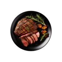 ai généré Haut vue du boeuf steak dans une assiette isolé sur une transparent arrière-plan, png