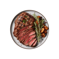 AI generated top view beef steak in a plate isolated on a transparent background, PNG
