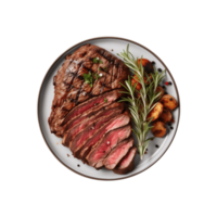 ai gegenereerd top visie rundvlees steak in een bord geïsoleerd Aan een transparant achtergrond, PNG