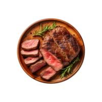 AI generated top view beef steak in a plate isolated on a transparent background, PNG