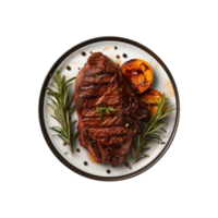 ai généré Haut vue du boeuf steak dans une assiette isolé sur une transparent arrière-plan, png