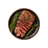 AI generated top view beef steak in a plate isolated on a transparent background, PNG