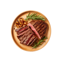 AI generated top view beef steak in a plate isolated on a transparent background, PNG