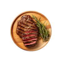 AI generated top view beef steak in a plate isolated on a transparent background, PNG