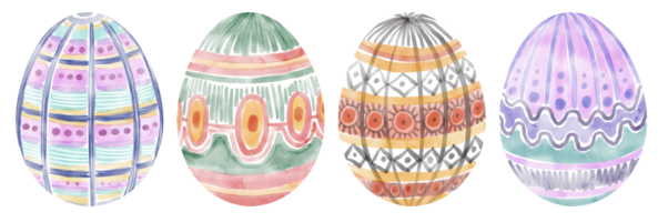 einstellen von Aquarell Ostern Eier mit geometrisch Muster. Sammlung von Hand gezeichnet farbig Ostern Eier mit Ornament auf Weiß Hintergrund png