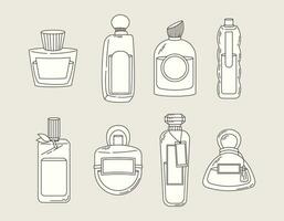 Collection of Glass elegant bottles of fragrant perfume. Vector set of eau de parfum icons.