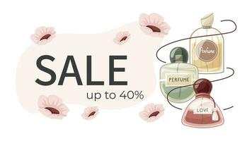 Trendy vector background, advertising Sale banner template. Elegant cartoon women perfume bottles, packaging or flyer design.