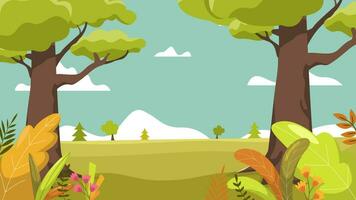 Autumn landscape with trees, mountains, fields, leaves Vector illustration