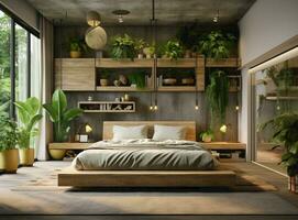 AI Generated Home garden, minimal bedroom in yellow and wooden tones. Master bed, parquet floor and many houseplants. Urban jungle interior design. Biophilia concept, 3d illustration photo