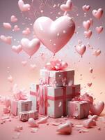 AI Generated Valentines Day greeting background with heart shaped balloons, golden ribbon, gift boxes and tinsel. Advertisement template for holiday sale. photo