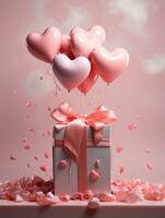 AI Generated 3d heart pink and ballons valentines day celebration background photo