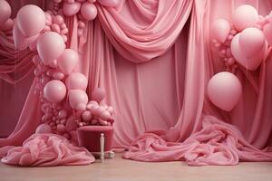 AI Generated Premium podium, stand on pastel, pink background. Holiday greeting card for Valentine's Day 3d, render with copy space on February 14, March 8. Romance showcase with flowers, symbol of photo