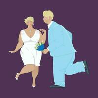 Isolated image of overweight and happy newlyweds on a purple background vector